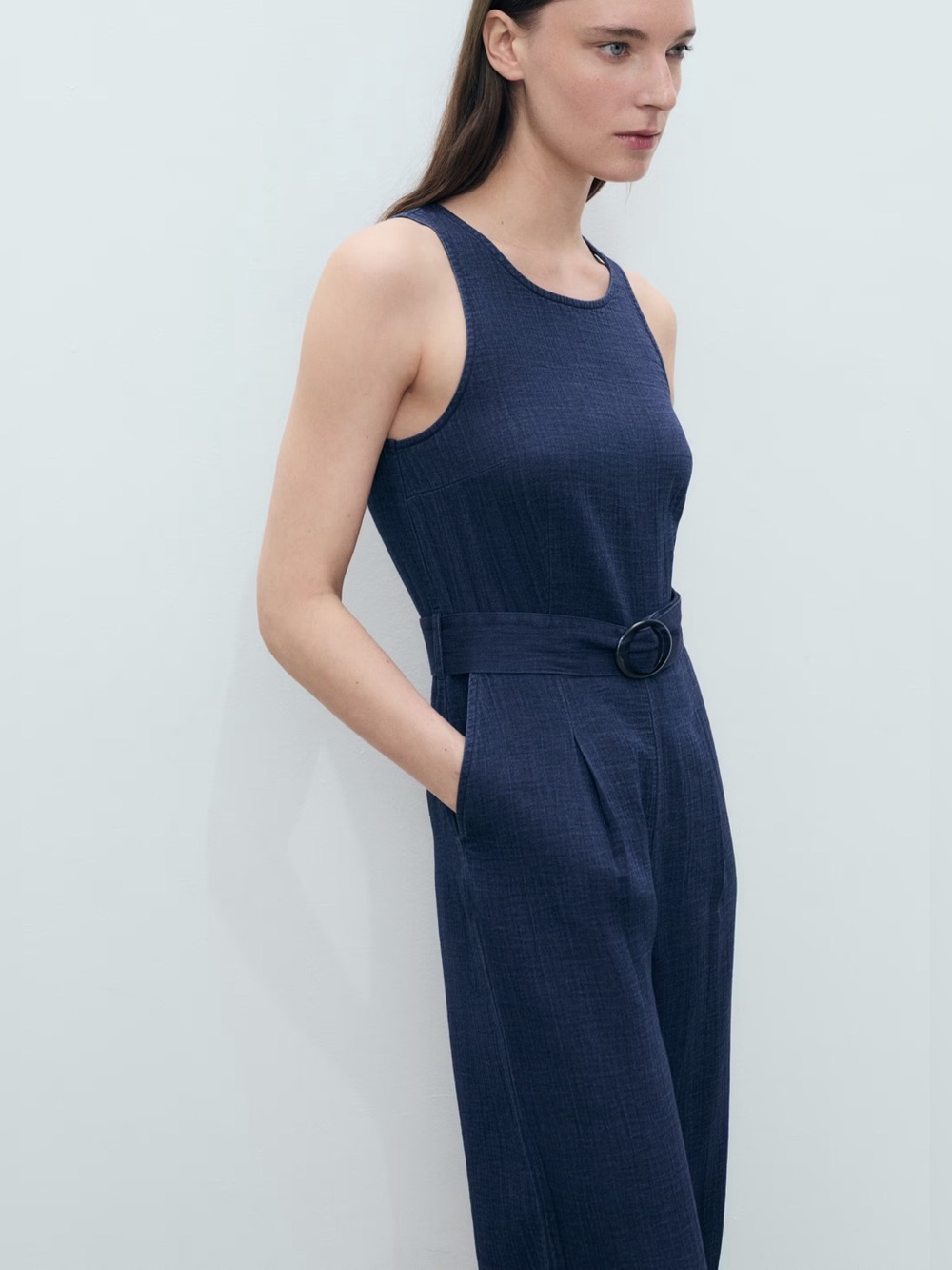 Mango Navy flowy denim jumpsuit with belt NWT - Picture 4 of 6